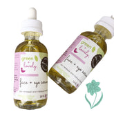 Eye serum bottle with clear glass, white cap, and "green + lovely" label