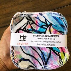 Reusable facial rounds with colorful floral pattern and white stitching, by LanCraftUS