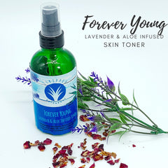 Toner bottle green glass with black top, Forever Young label, and lavender sprigs