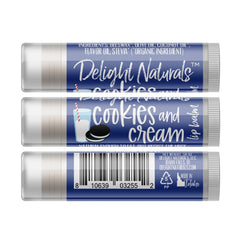 Lip balm tube with blue, white, and clear packaging, Delight Naturals brand, Cookies and Cream flavor