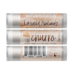 Lip balm tube with brown and white label, Delight Naturals churro flavor, for lip care