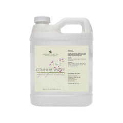 Geranium Water Hydrosol in white plastic bottle with handle, Organic Pure Oil label visible