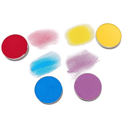 Eyeshadow palette with red, yellow, blue, and purple circular pans and swatches on white background