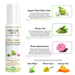 Toner Mist bottle in white and gold with VISAGE pure text, and ingredients shown around it