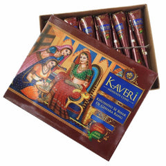 Twelve natural brown henna cones for skincare arranged in a circular pattern on a wooden tray