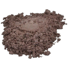 Eyeshadow powder, brown, granular, with shimmer particles on white background