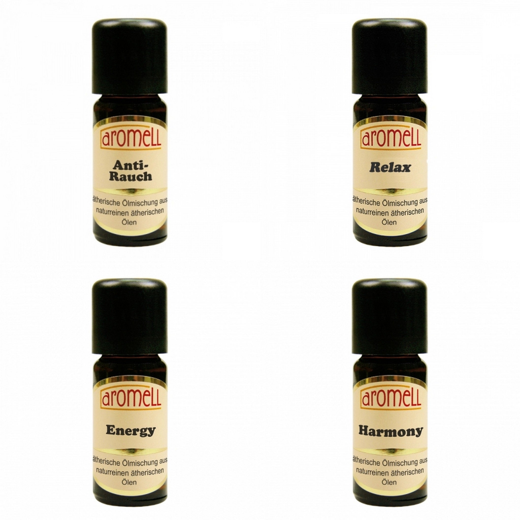 Hair oil bottles with black caps, Aromell brand, and various labels for essential oil blends