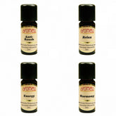 Hair oil bottles with black caps, Aromell brand, and various labels for essential oil blends