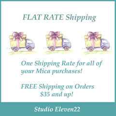 Shipping graphic with watercolor trucks, yellow boxes, purple bows, and Studio Eleven22 text