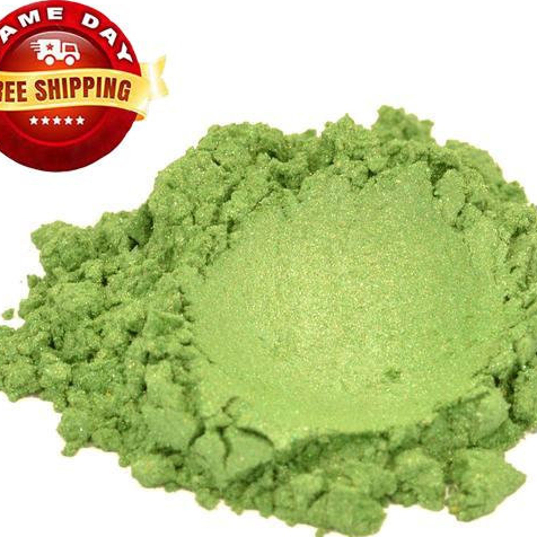 Green mica pigment powder, light green, shimmery, granular texture, for soap making