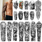 Waterproof tattoo sticker sheet with full sleeve designs in black and gray ink on clear backing