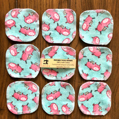 Reusable facial rounds with pink pig pattern on blue, LanCraftUS brand