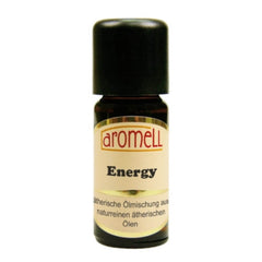 Essential oil bottle with black cap, brown glass, and "aromell" label