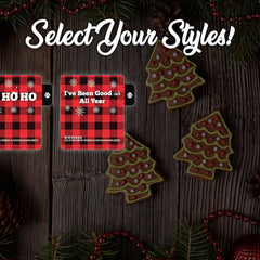 Christmas gift cards with red plaid pattern and Christmas tree cookies on wood background