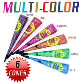 Main product view of 6 Vegan Henna Paste Cones Purple Red Magenta Orange Green Blue