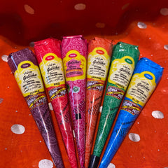 Alternative angle of 6 Vegan Henna Paste Cones Purple Red Magenta Orange Green Blue