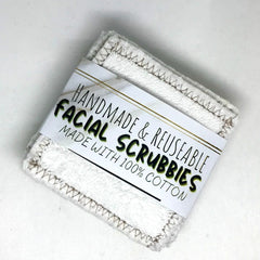 Facial scrubbies, white cotton, brown stitched edge, Tiffona Fontee label