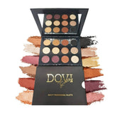 Eyeshadow palette with multiple colors, black case, and Dovi Seattle brand name