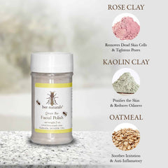 Facial Polish bottle, clear plastic, white lid, yellow label with bee naturals text