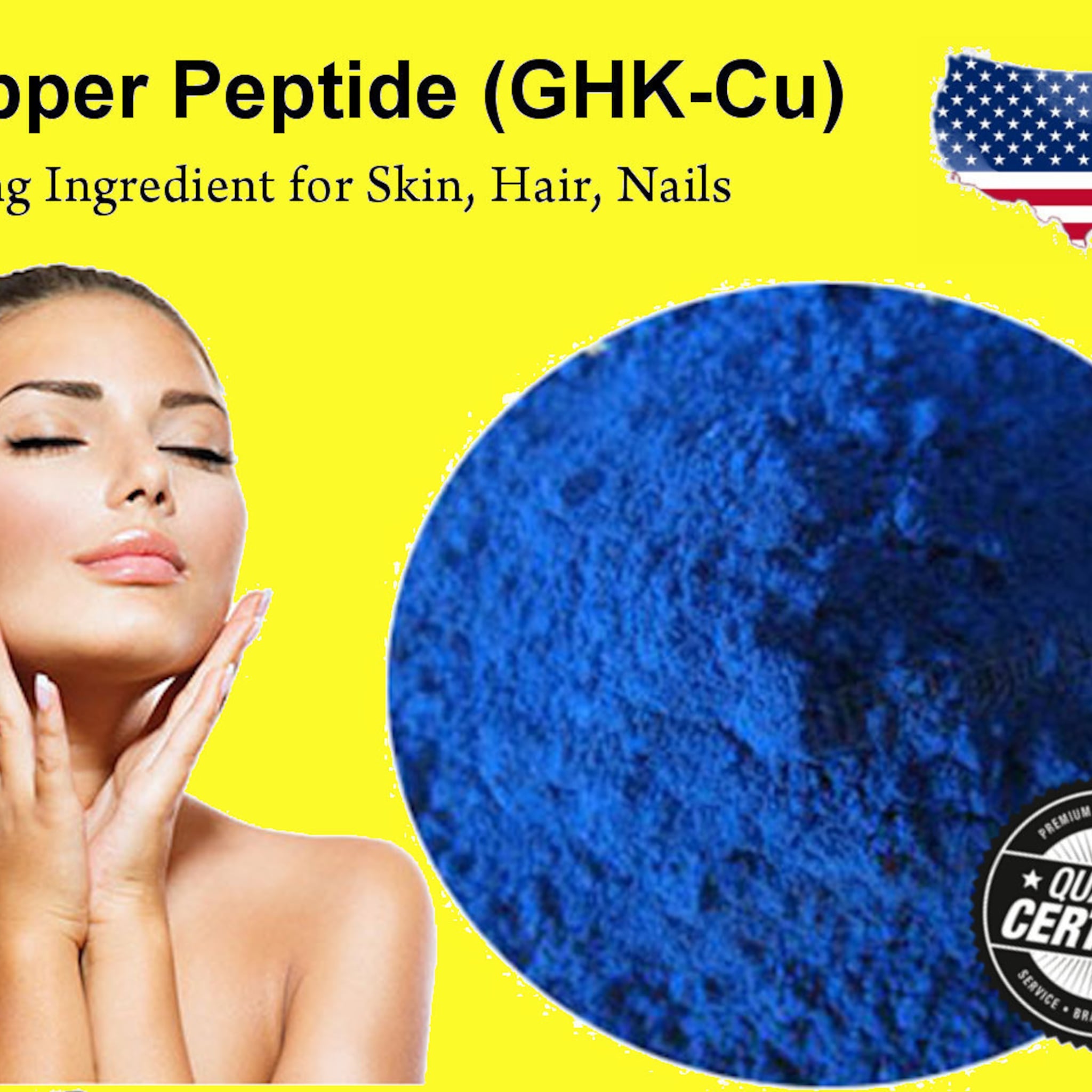 Copper Peptide powder, blue, circular, with woman and certification logo on yellow background