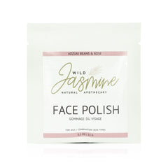 Face polish packet with white background, pink and gold text, Wild Jasmine brand name shown