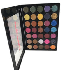 Side view of 35-color glitter eyeshadow palette showcasing shimmer shades in gold, pink, and bronze tones