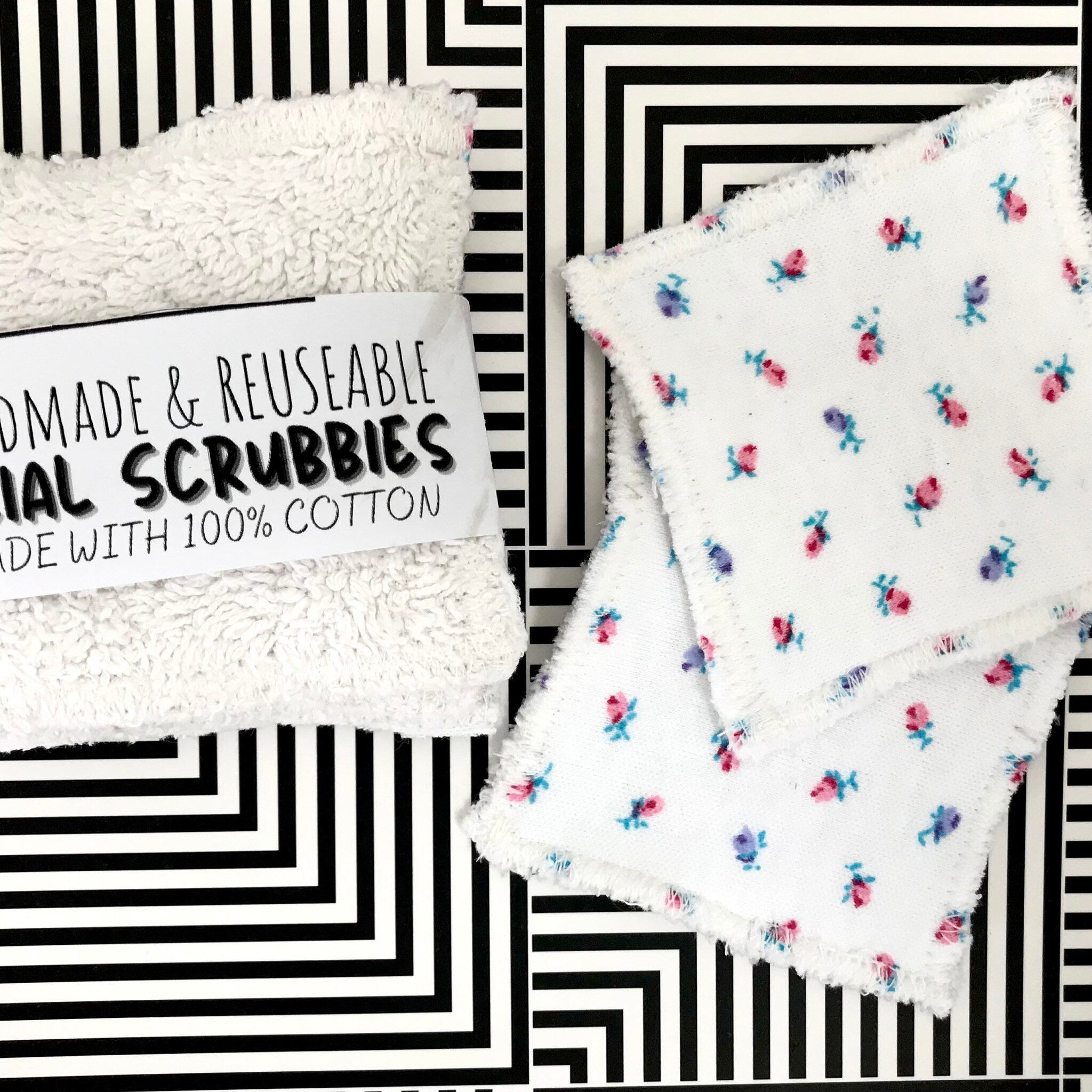 Facial scrubbies white cotton with floral pattern and fringe detail Tiffona Fontee