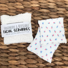 Facial scrubbies, white terry cloth and floral print, handmade and reusable cotton.