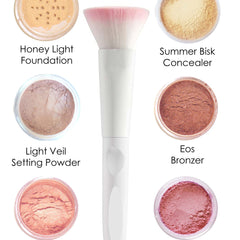 Makeup brush with white handle, pink and white bristles, and various powder colors