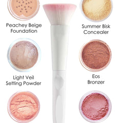 Makeup brush with white handle, pink and white bristles, and various makeup powders