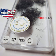 Eyelash extensions black fans in clear container with Kimeyelashes branding and text 1000 Fan visible