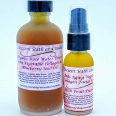 Toner and serum bottles with brown and yellow liquids, black caps, and brand labels