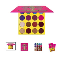 Eye makeup palette with pink, yellow, and colorful eyeshadows, Juvia's Place brand on packaging