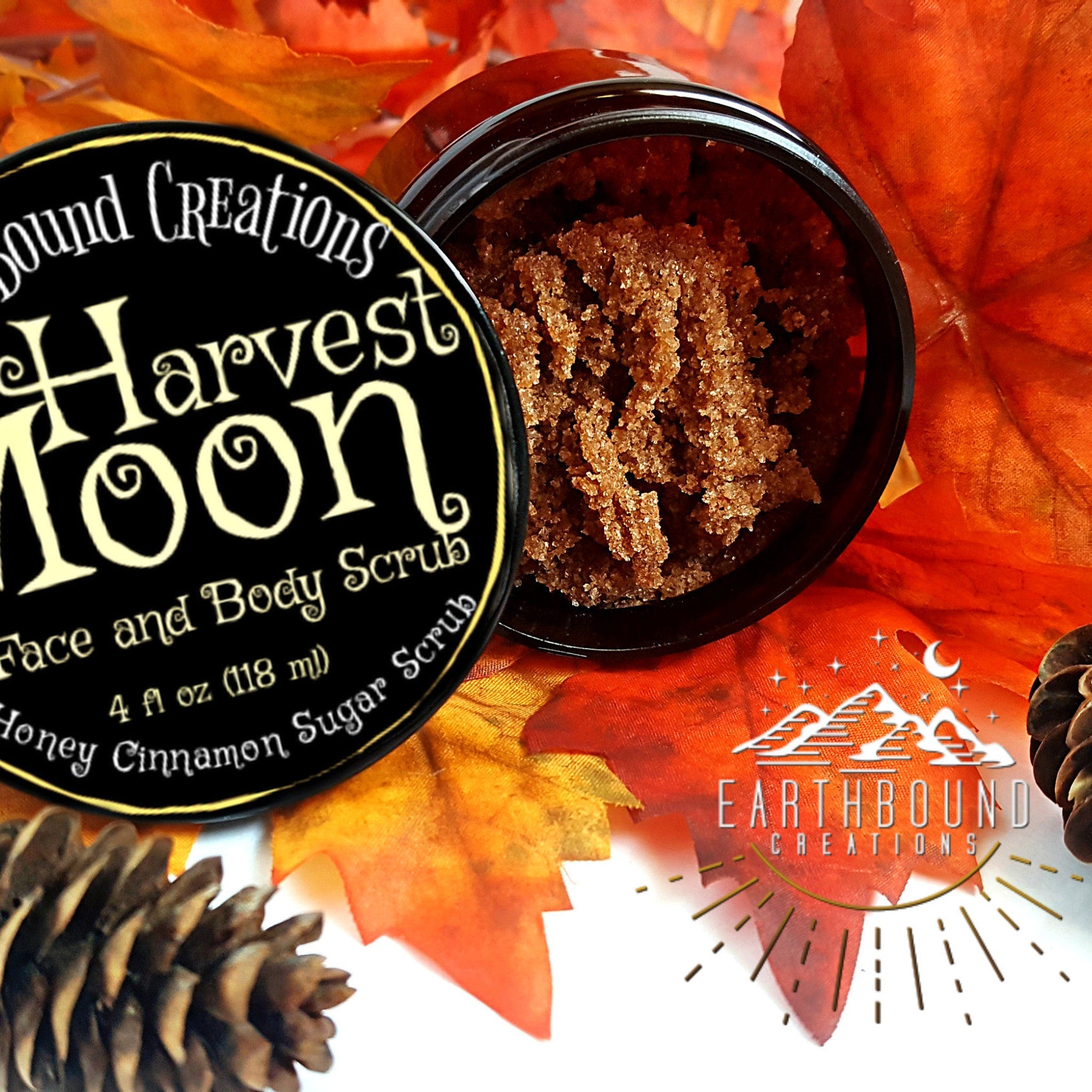 Cinnamon sugar face scrub in brown jar, with Harvest Moon label, and fall leaves background