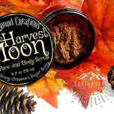 Cinnamon sugar face scrub in brown jar, with Harvest Moon label, and fall leaves background