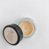 Champagne gold shimmer eyeshadow pot with reflective metallic lid and soft satin finish