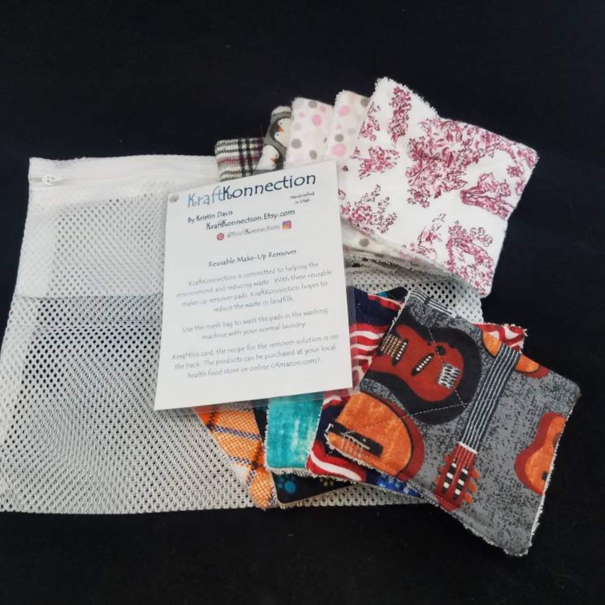 Reusable makeup remover pads, assorted patterned fabric rounds, white mesh bag, KraftKonnection brand