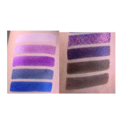 Side view of D&D Warlock Eyeshadow Palette showing matte and shimmer shades in purple, black, and silver hues