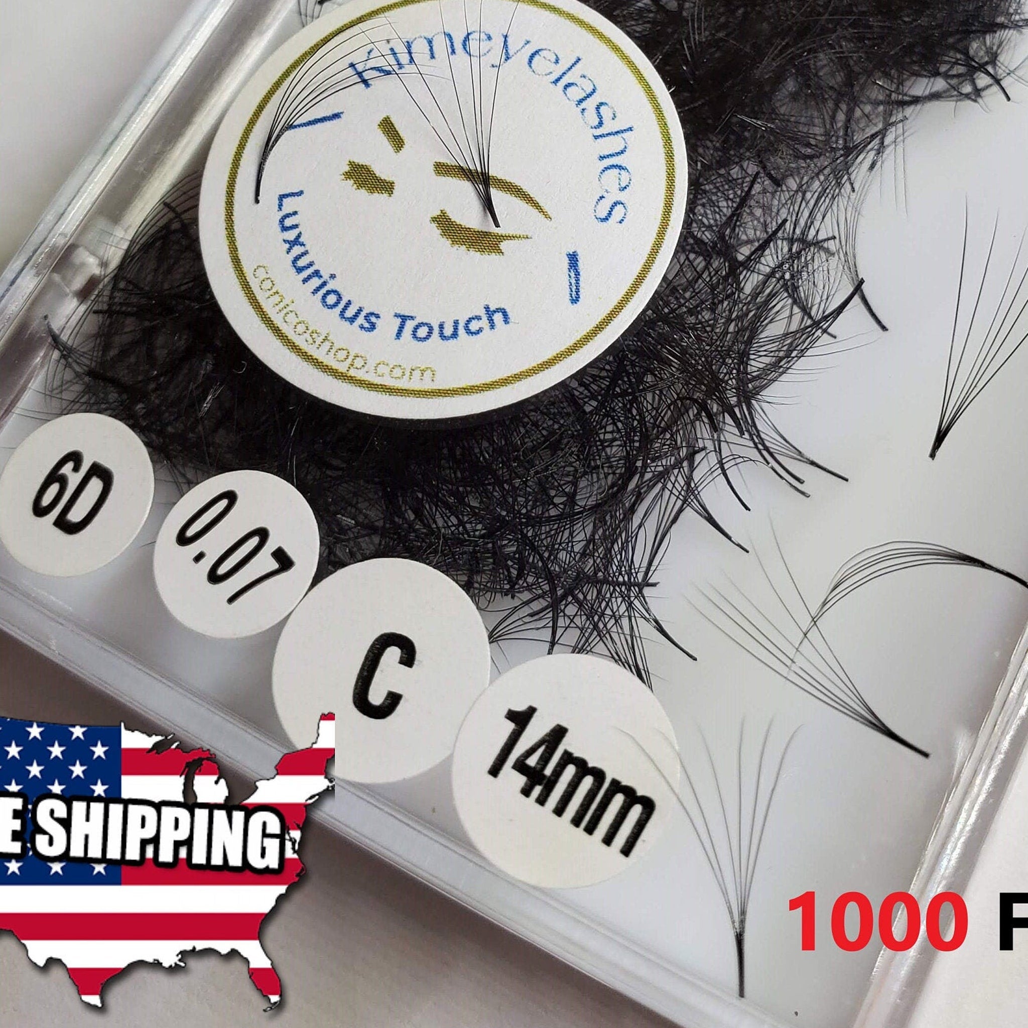 Premade volume eyelash extensions, black, fan-shaped, with Kimeyelashes branding on packaging