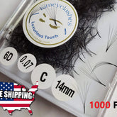 Premade volume eyelash extensions, black, fan-shaped, with Kimeyelashes branding on packaging