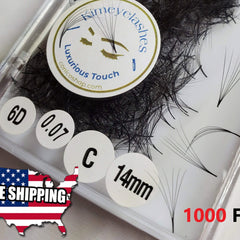Premade volume eyelash extensions, black, fan-shaped, with Kimeyelashes branding on packaging