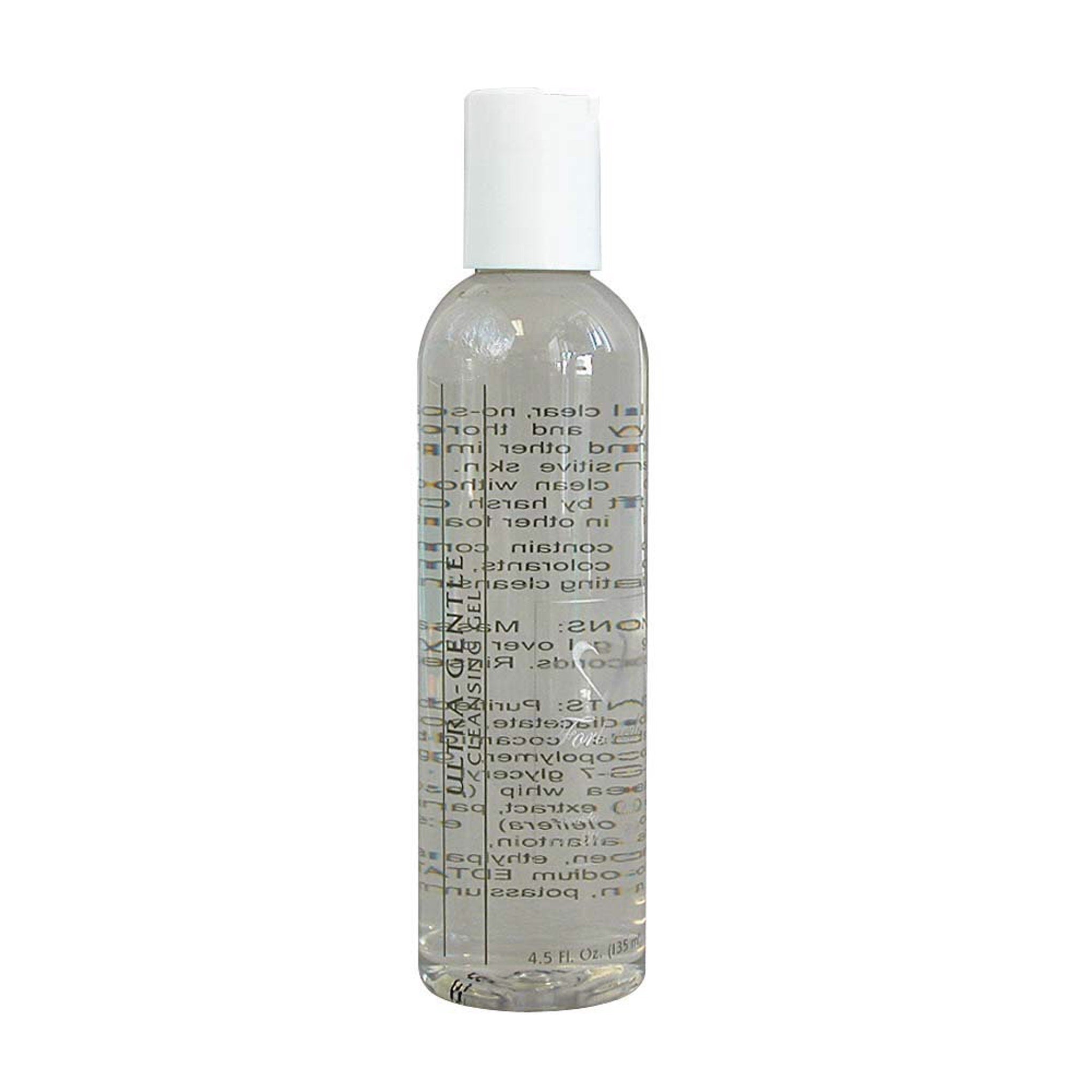 Facial cleanser bottle with white cap, clear body, and product text label