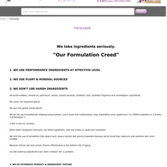 Forlovede text on white background, "Our Formulation Creed" statement, ingredient details, and search bar.