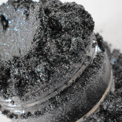 Silver-gray shimmer eyeshadow in a sifter jar with glitter particles, vegan mineral makeup