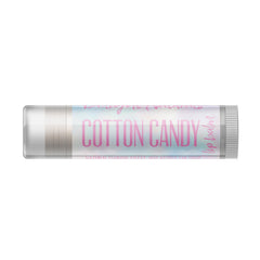 Lip balm tube with pink "Cotton Candy" text, Delight Naturals branding, and white plastic packaging