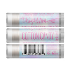 Lip balm tubes with pink "Cotton Candy" text, clear plastic, and barcode detail