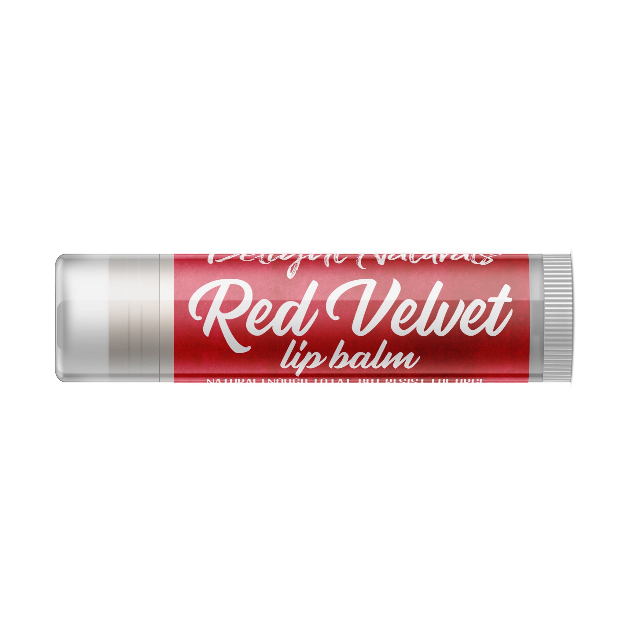 Lip balm tube with red and white label, Delight Naturals Red Velvet text visible