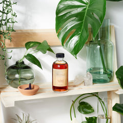 Organic Witch Hazel Toner, amber liquid in clear glass bottle, Butter Me Up Organics label visible on shelf with plants
