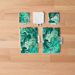 Reusable makeup wipes with green leaf pattern, white trim, and Little Miss M Designs label