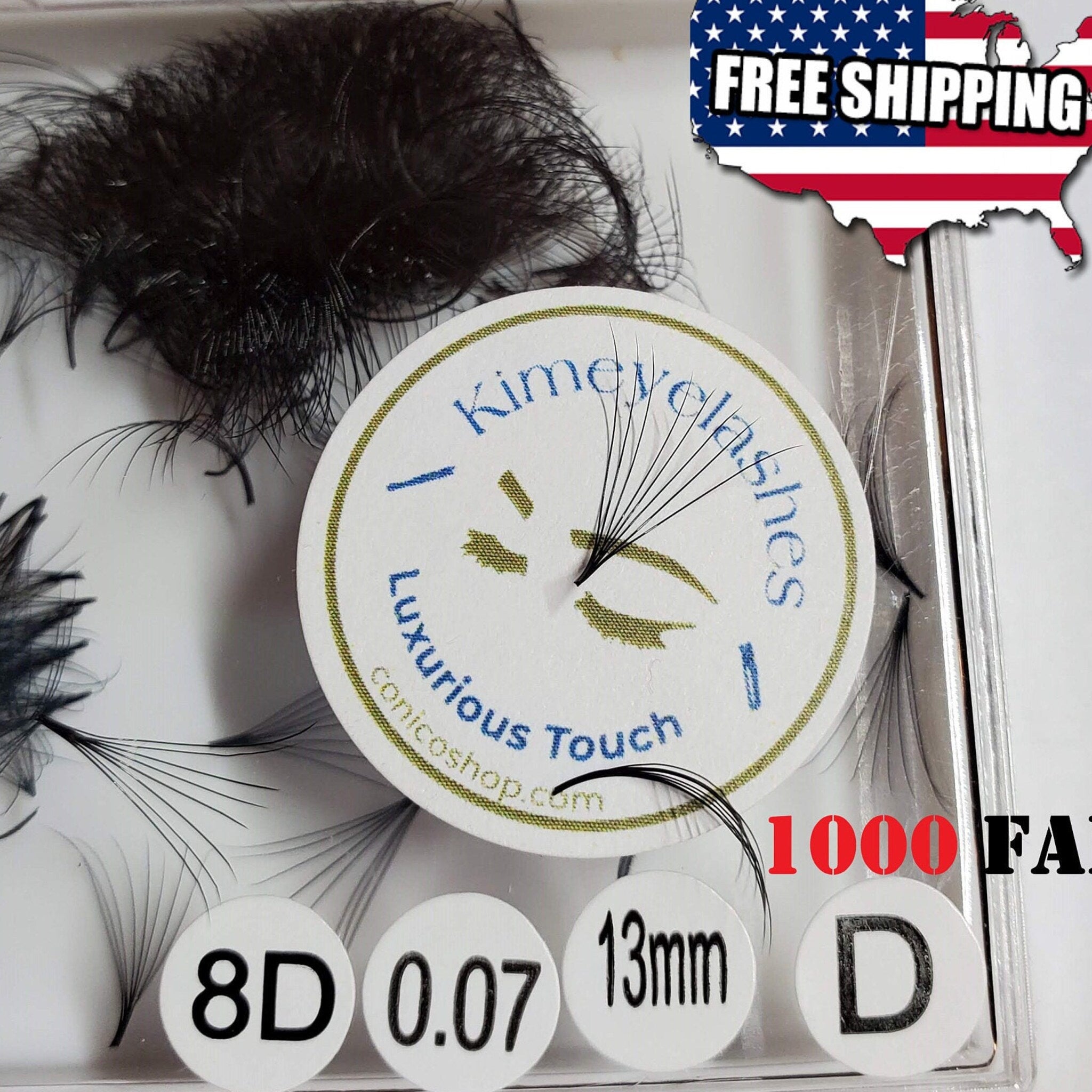 Eyelash extensions black fans, Kimeyelashes brand, with white circle labels and text details